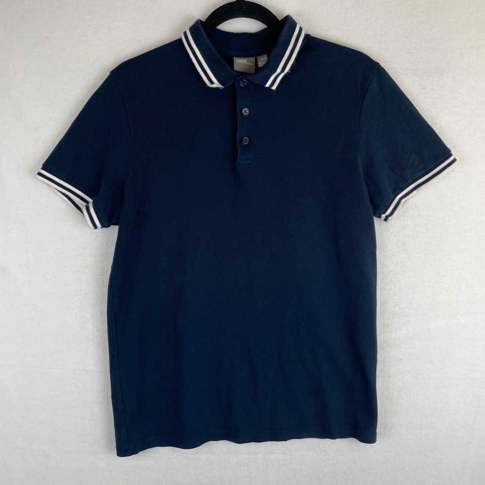 ASOS Mens Navy Blue Tipped Pique‎ Polo Shirt Short Sleeve Cotton Size M